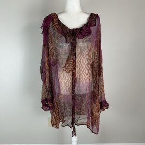 Alain Weiz XL Silk Blouse Top Tunic Ruffle Neck Floral Fairy Sheer Wearable Art